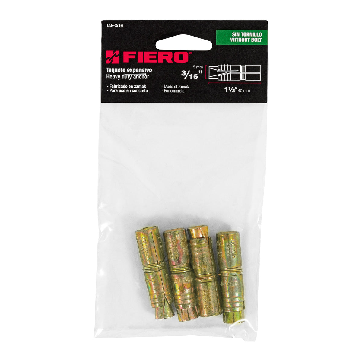 Bolsa con 4 Taquetes Expansivos de 3/16' sin Tornillo, Fiero