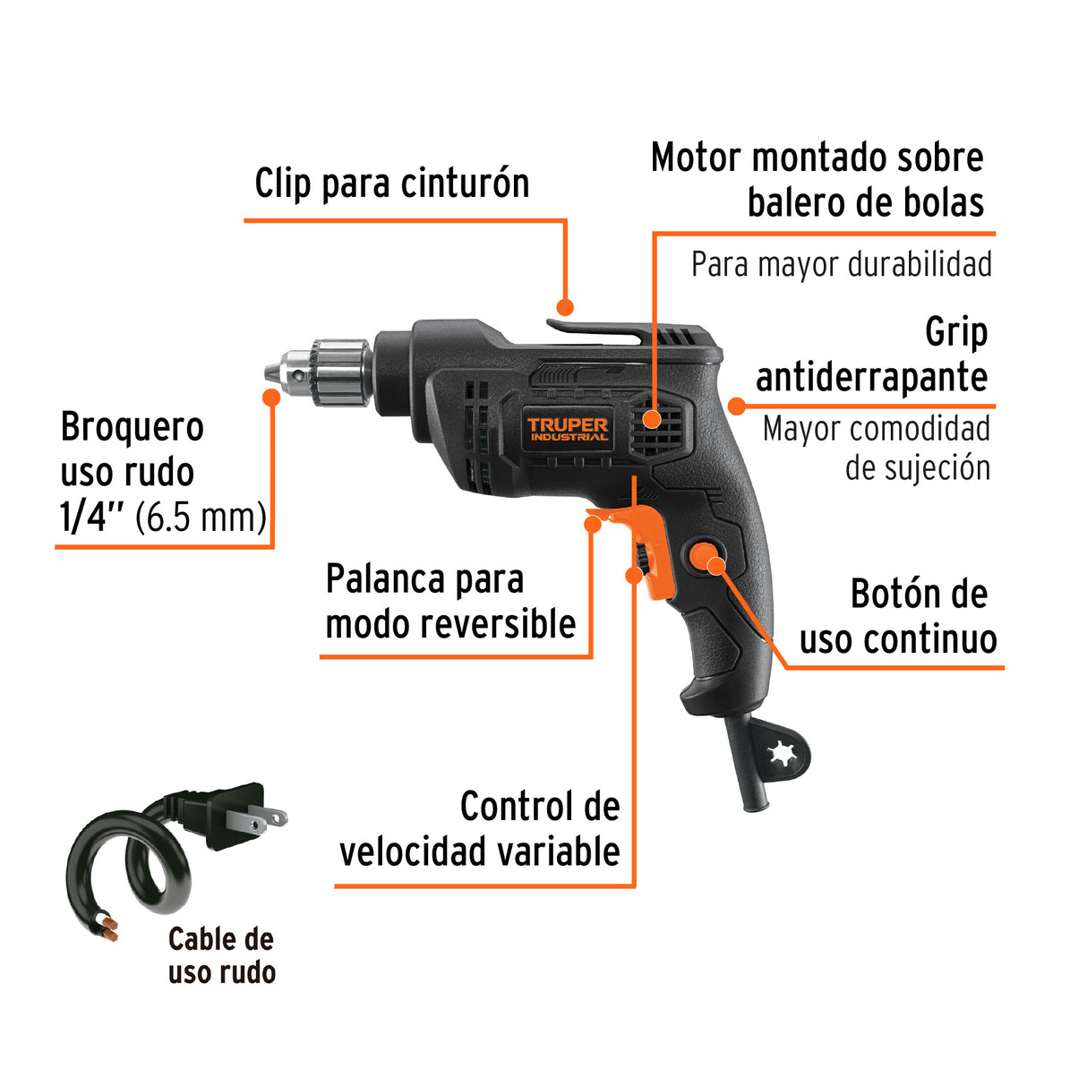 Taladro 1/4', 380 W, Truper Industrial