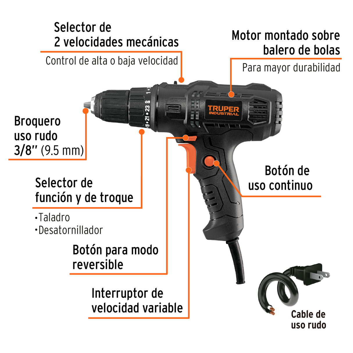Taladro Atornillador 3/8', 400 W, Truper Industrial