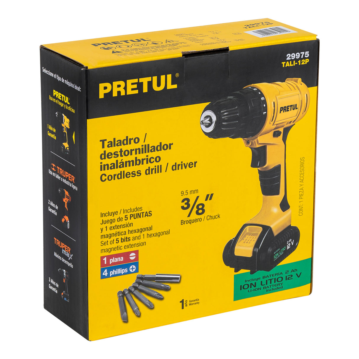 Taladro 3/8', 12 V, 1 Batería 2 Ah, Pretul