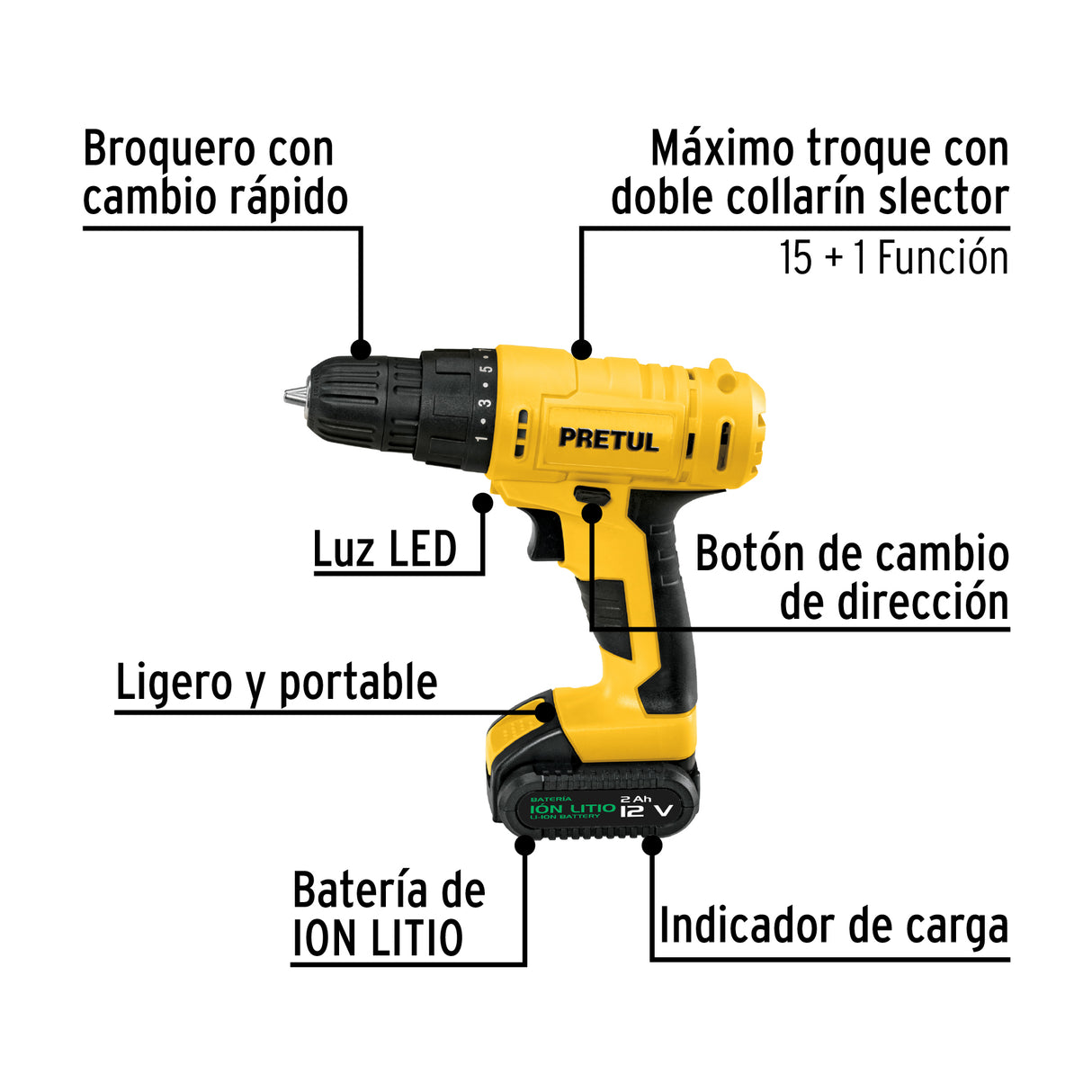 Taladro 3/8', 12 V, 1 Batería 2 Ah, Pretul