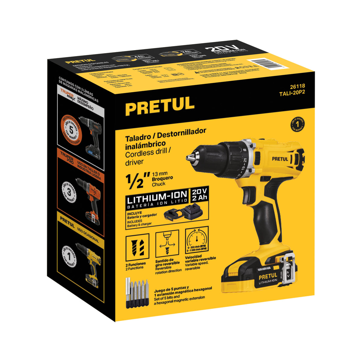 Taladro 1/2', 20 V, 1 Batería 2 Ah, Pretul