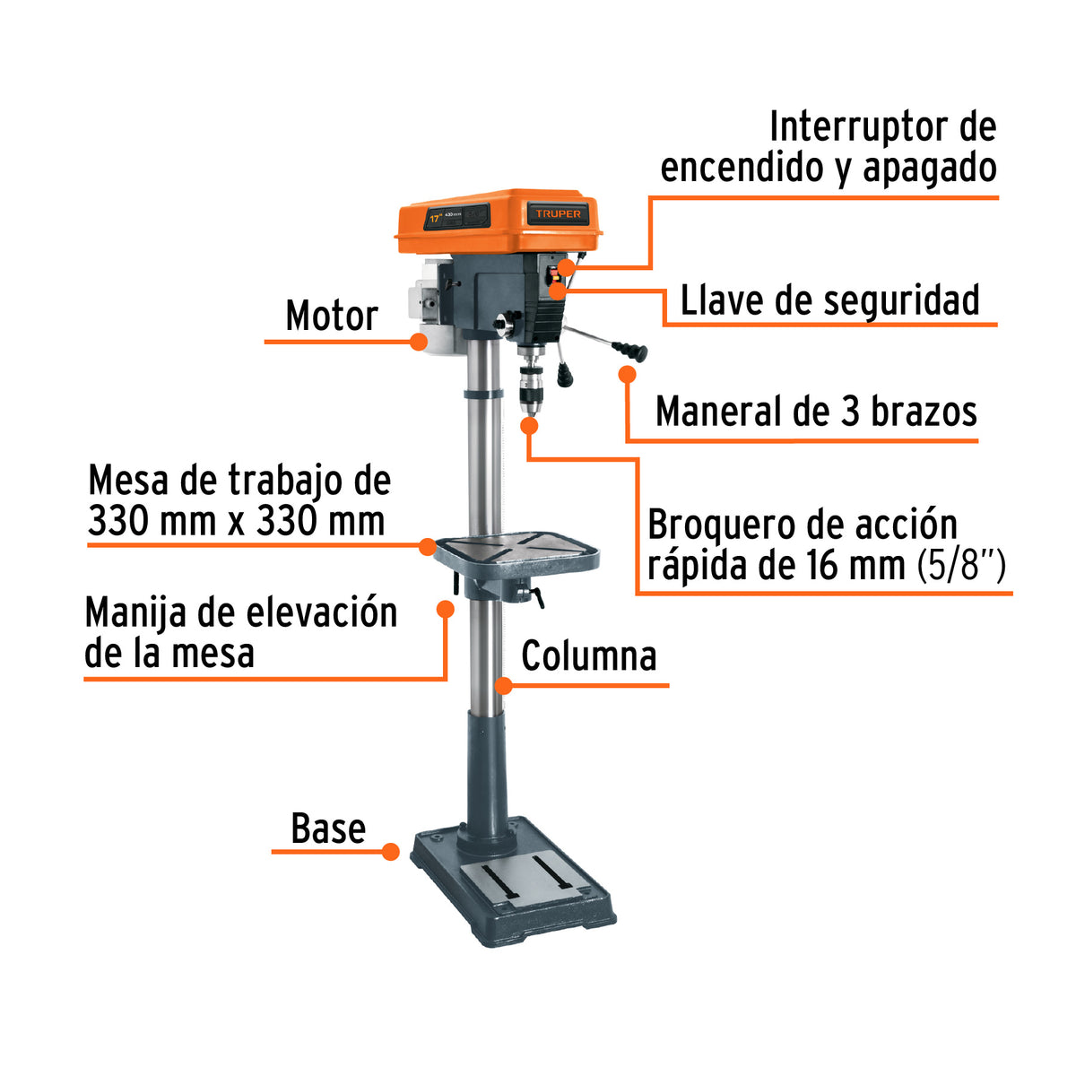 Taladro de Piso 17', 1-1/2 HP (1200 W), Broquero 5/8', Truper