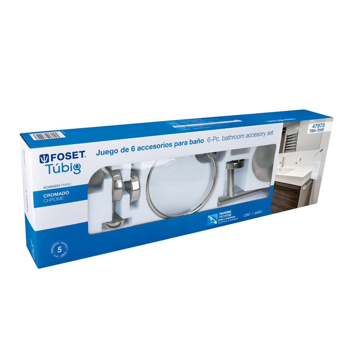 Juego de 6 Accesorios para Baño Acabado Cromo, Foset Túbig