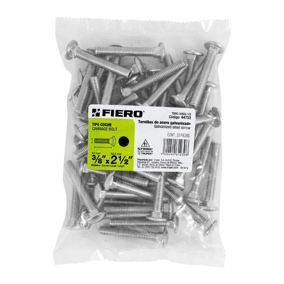 Bolsa con 50 Tornillos 3/8' X 2-1/2' Tipo Coche, Fiero