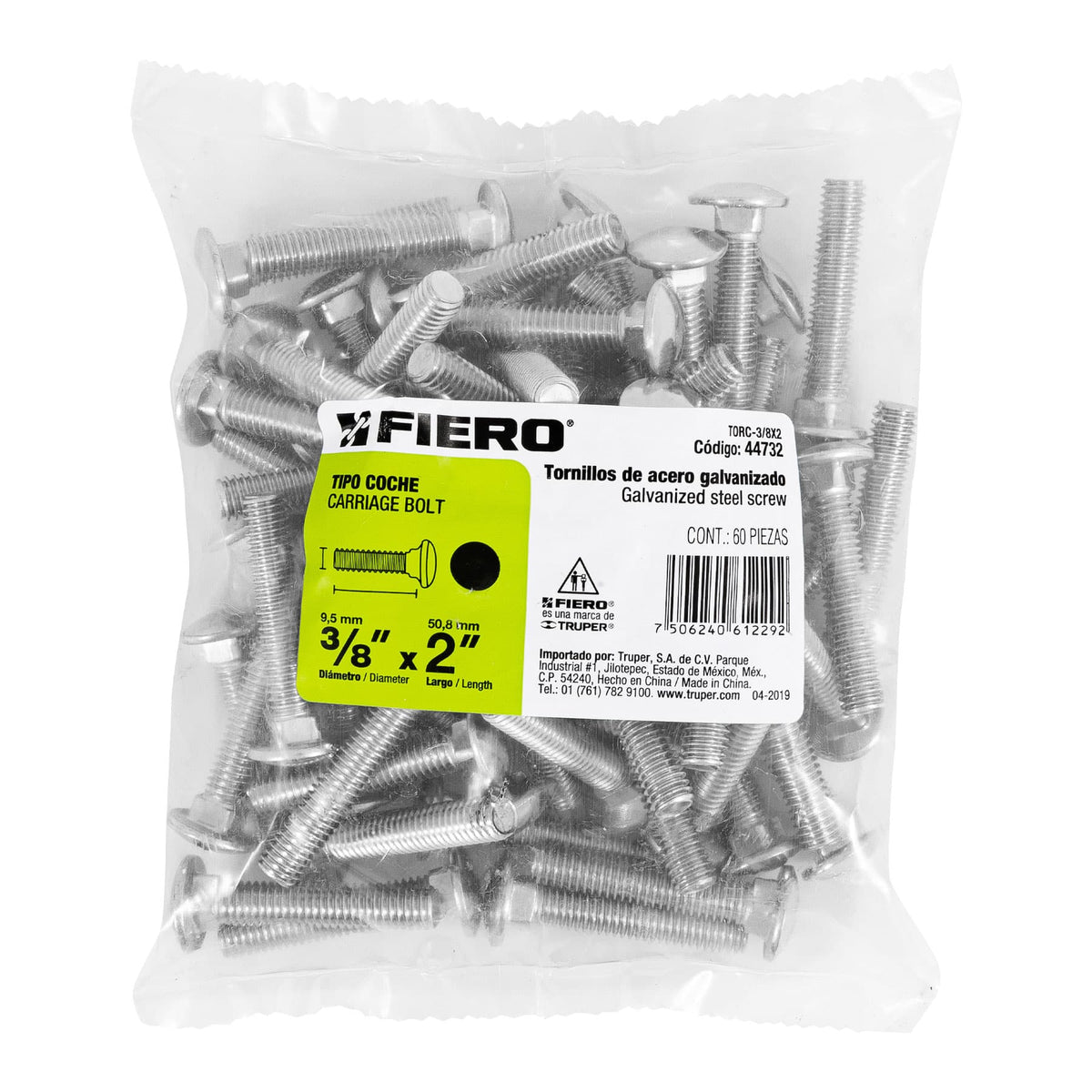 Bolsa con 60 Tornillos 3/8' X 2' Tipo Coche, Fiero
