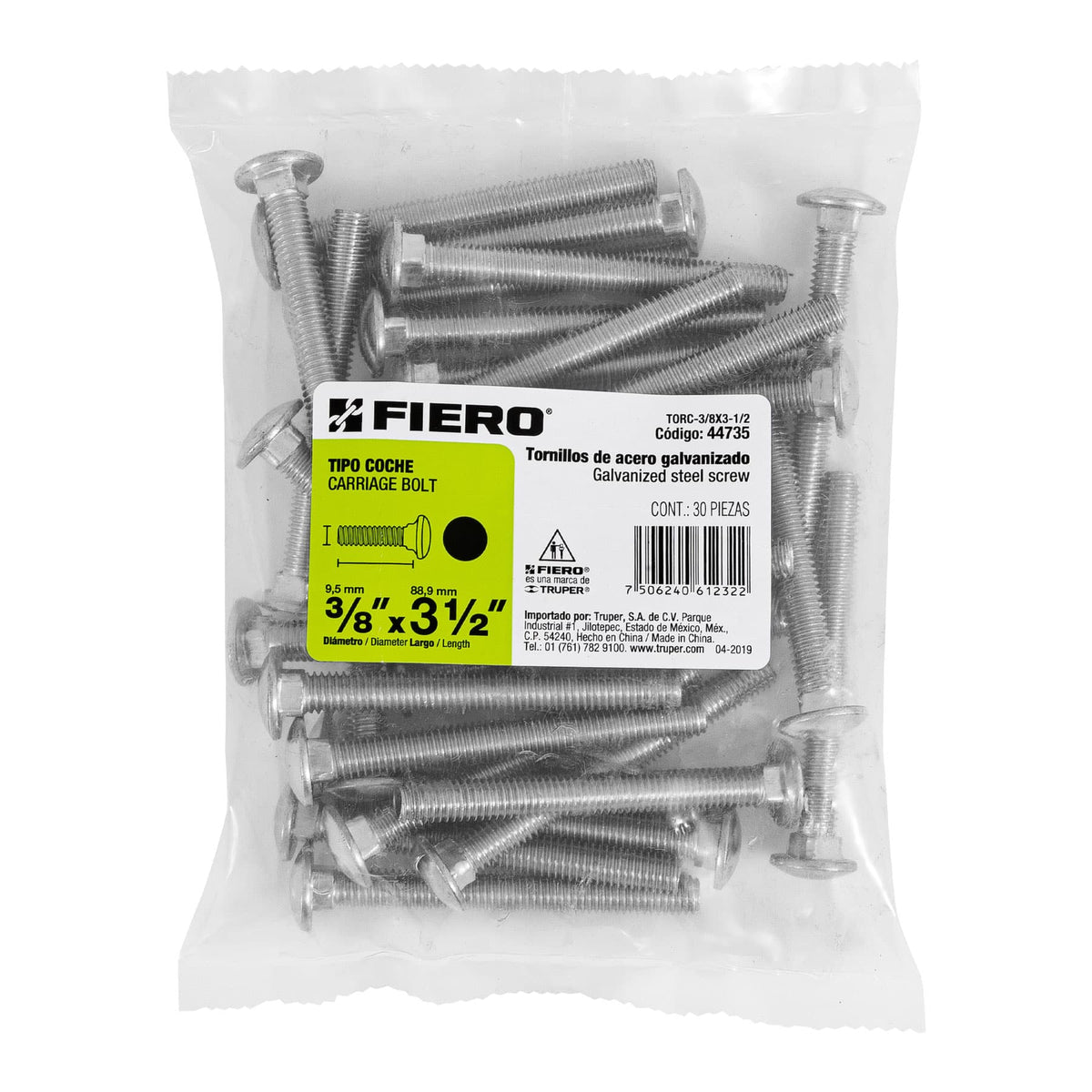 Bolsa con 30 Tornillos 3/8' X 3-1/2' Tipo Coche, Fiero