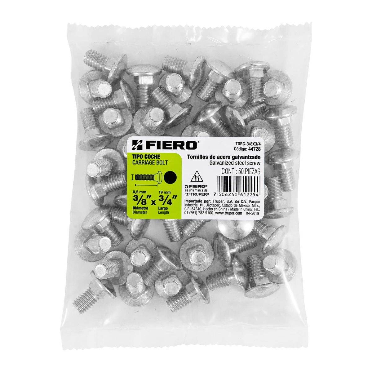 Bolsa con 50 Tornillos 3/8' X 3/4' Tipo Coche, Fiero