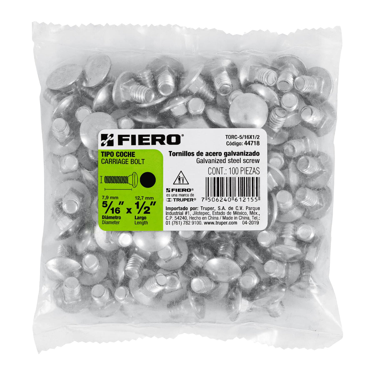 Bolsa con 100 Tornillos 5/16' X 1/2' Tipo Coche, Fiero