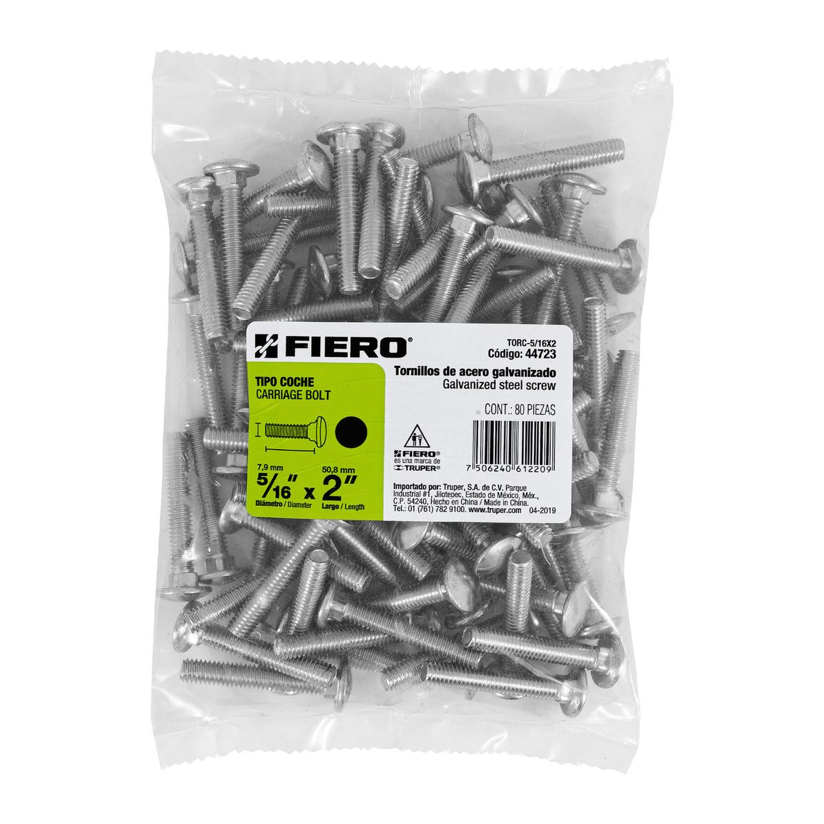 Bolsa con 80 Tornillos 5/16' X 2' Tipo Coche, Fiero
