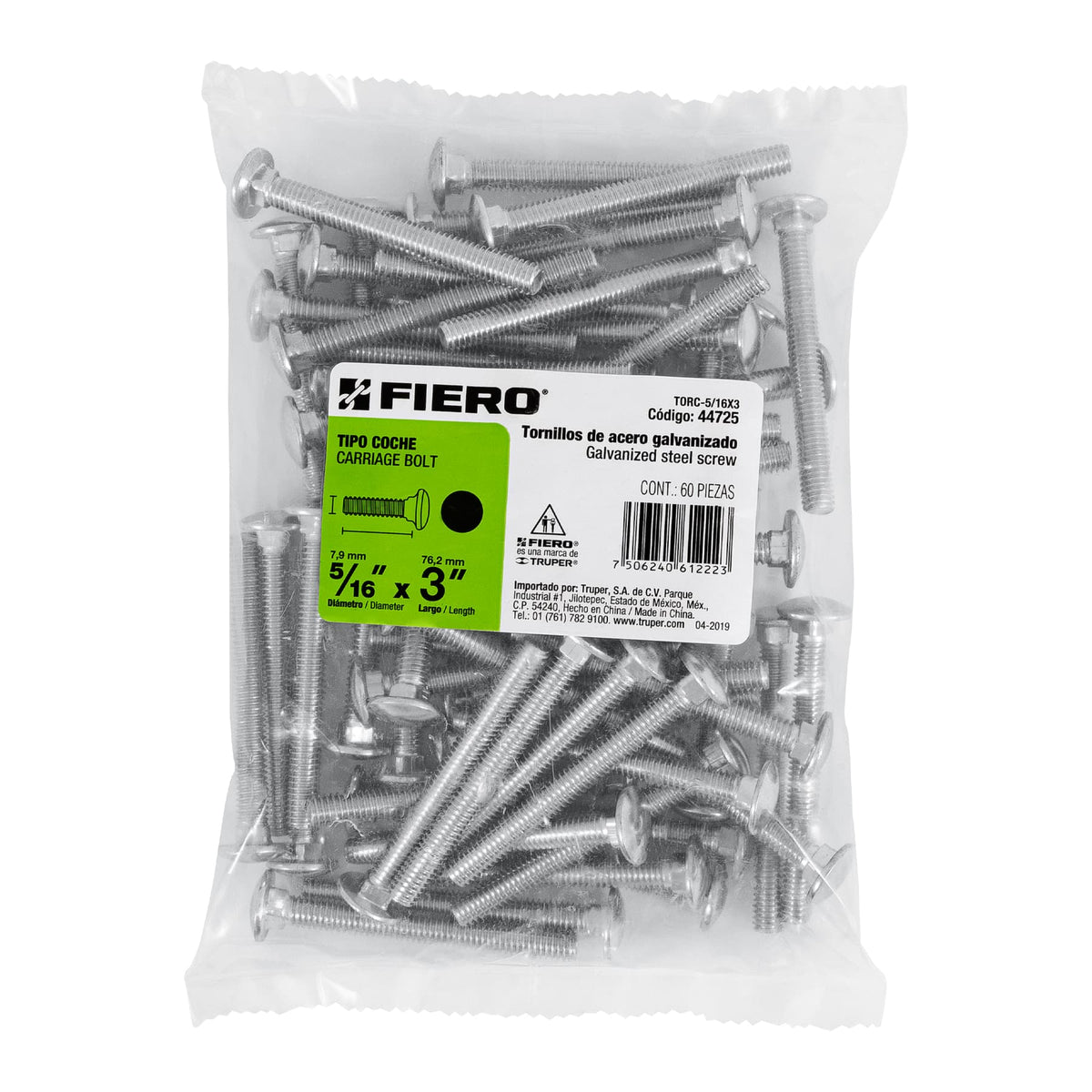 Bolsa con 60 Tornillos 5/16' X 3' Tipo Coche, Fiero