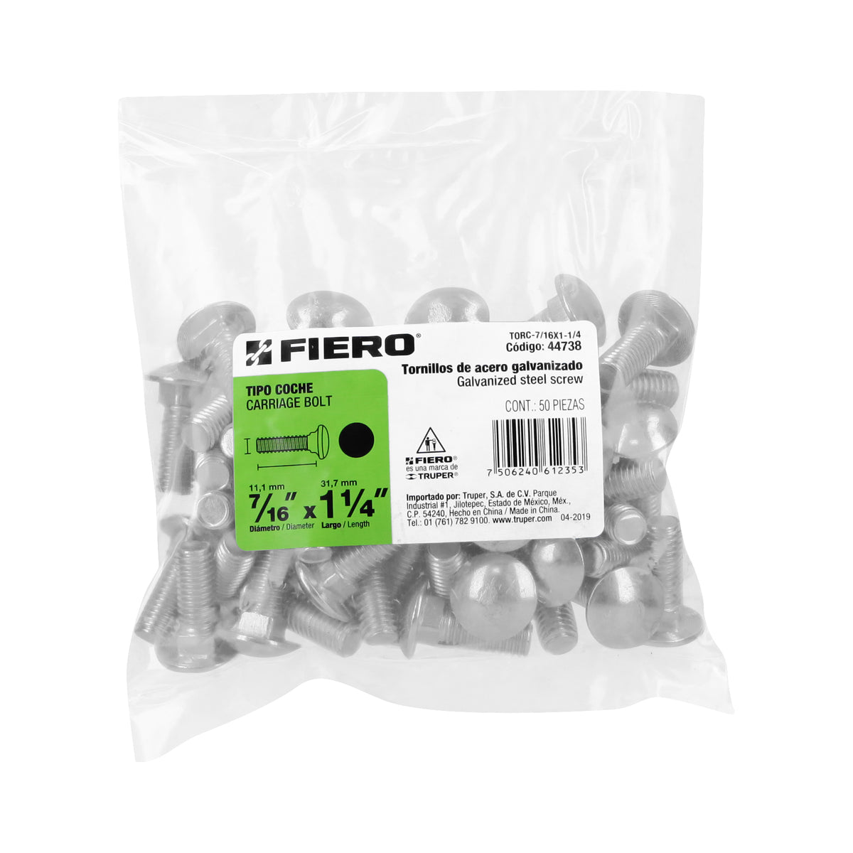 Bolsa con 50 Tornillos 7/16' X 1-1/4' Tipo Coche, Fiero
