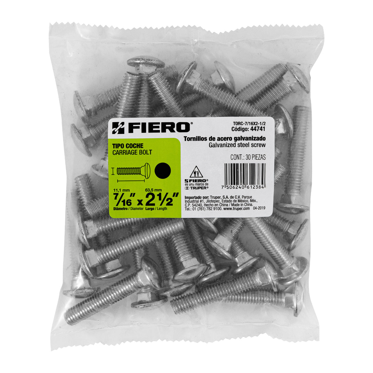 Bolsa con 30 Tornillos 7/16' X 2-1/2' Tipo Coche, Fiero