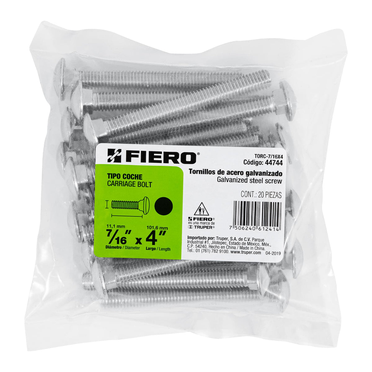 Bolsa con 20 Tornillos 7/16' X 4' Tipo Coche, Fiero
