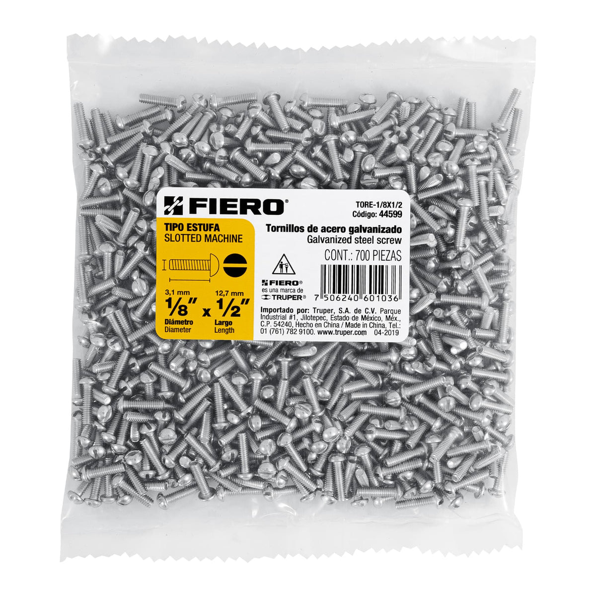 Bolsa con 700 Tornillos 1/8' X 1/2' Tipo Estufa, Fiero