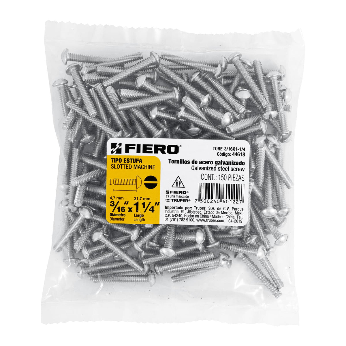 Bolsa con 150 Tornillos 3/16' X 1-1/4' Tipo Estufa, Fiero
