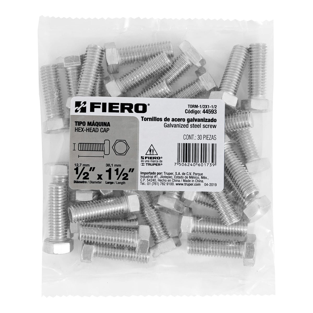 Bolsa con 30 Tornillos 1/2' X 1-1/2' Tipo Máquina, Fiero