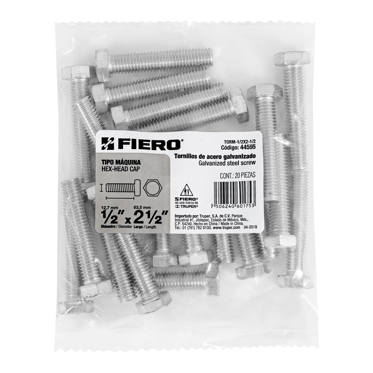 Bolsa con 20 Tornillos 1/2' X 2-1/2' Tipo Máquina, Fiero