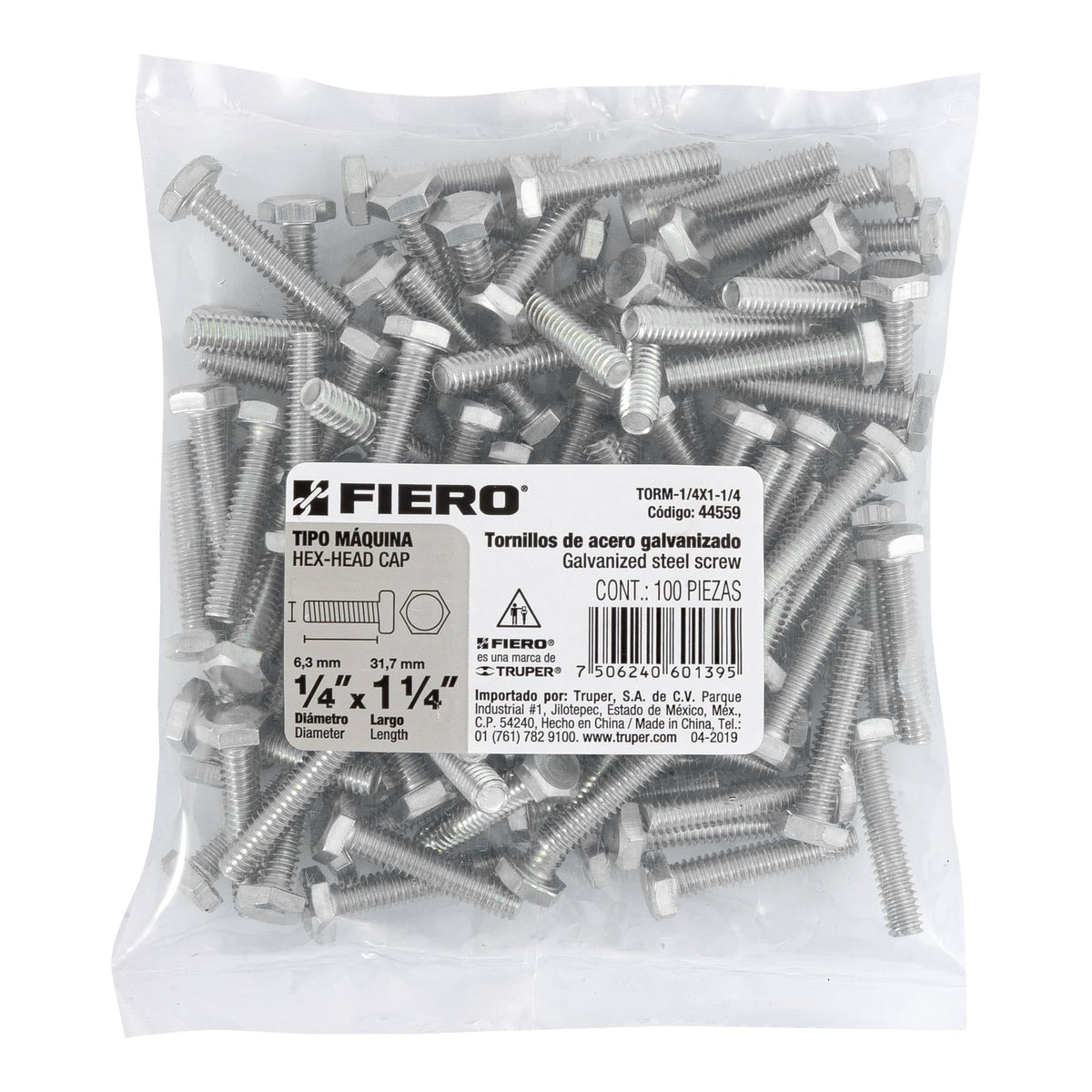 Bolsa con 100 Tornillos 1/4' X 1-1/4' Tipo Máquina, Fiero