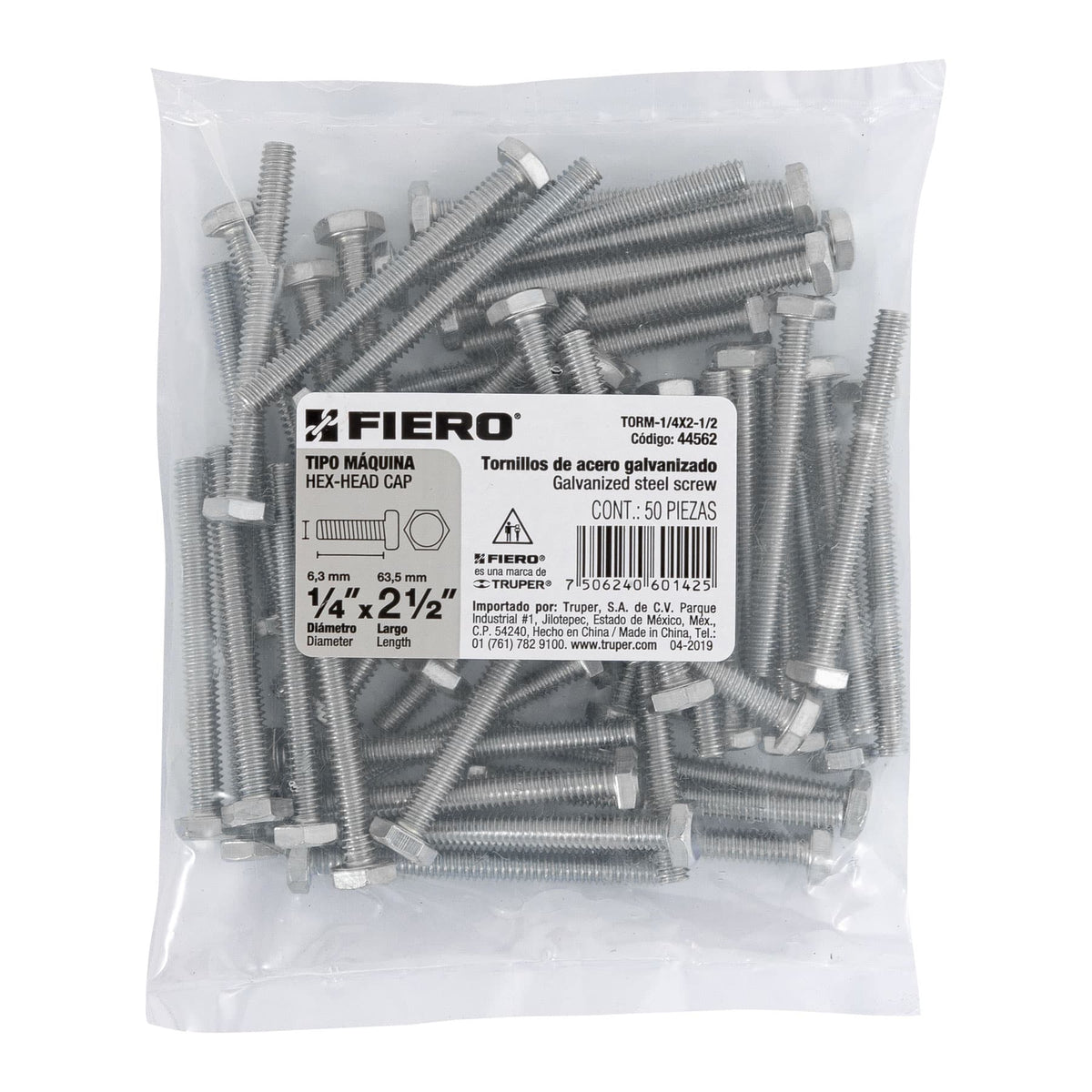 Bolsa con 50 Tornillos 1/4' X 2-1/2' Tipo Máquina, Fiero