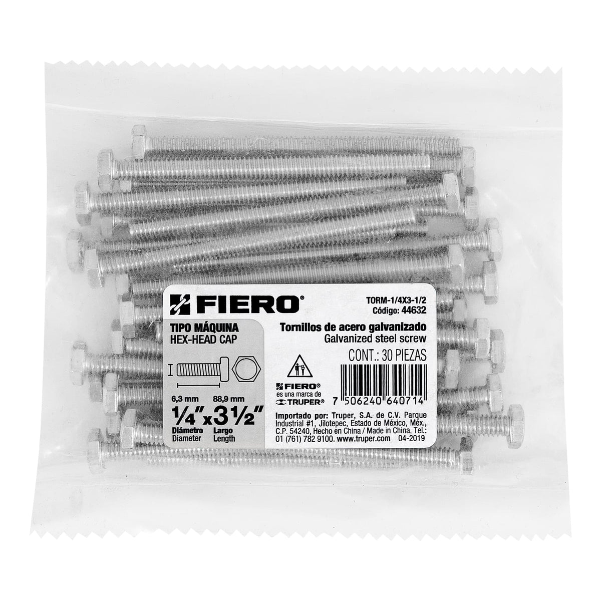 Bolsa con 30 Tornillos 1/4' X 3-1/2' Tipo Máquina, Fiero