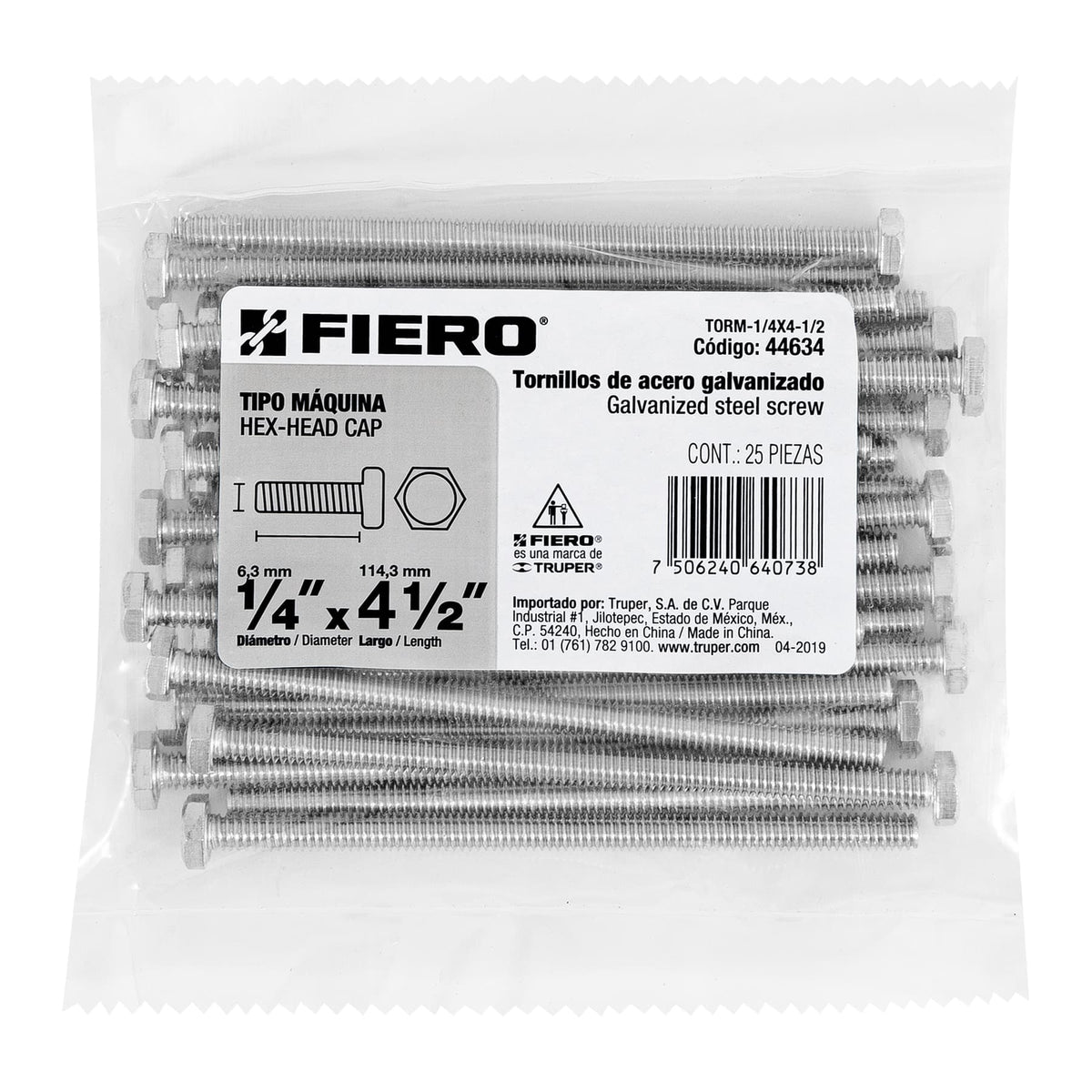 Bolsa con 25 Tornillos 1/4' X 4-1/2' Tipo Máquina, Fiero