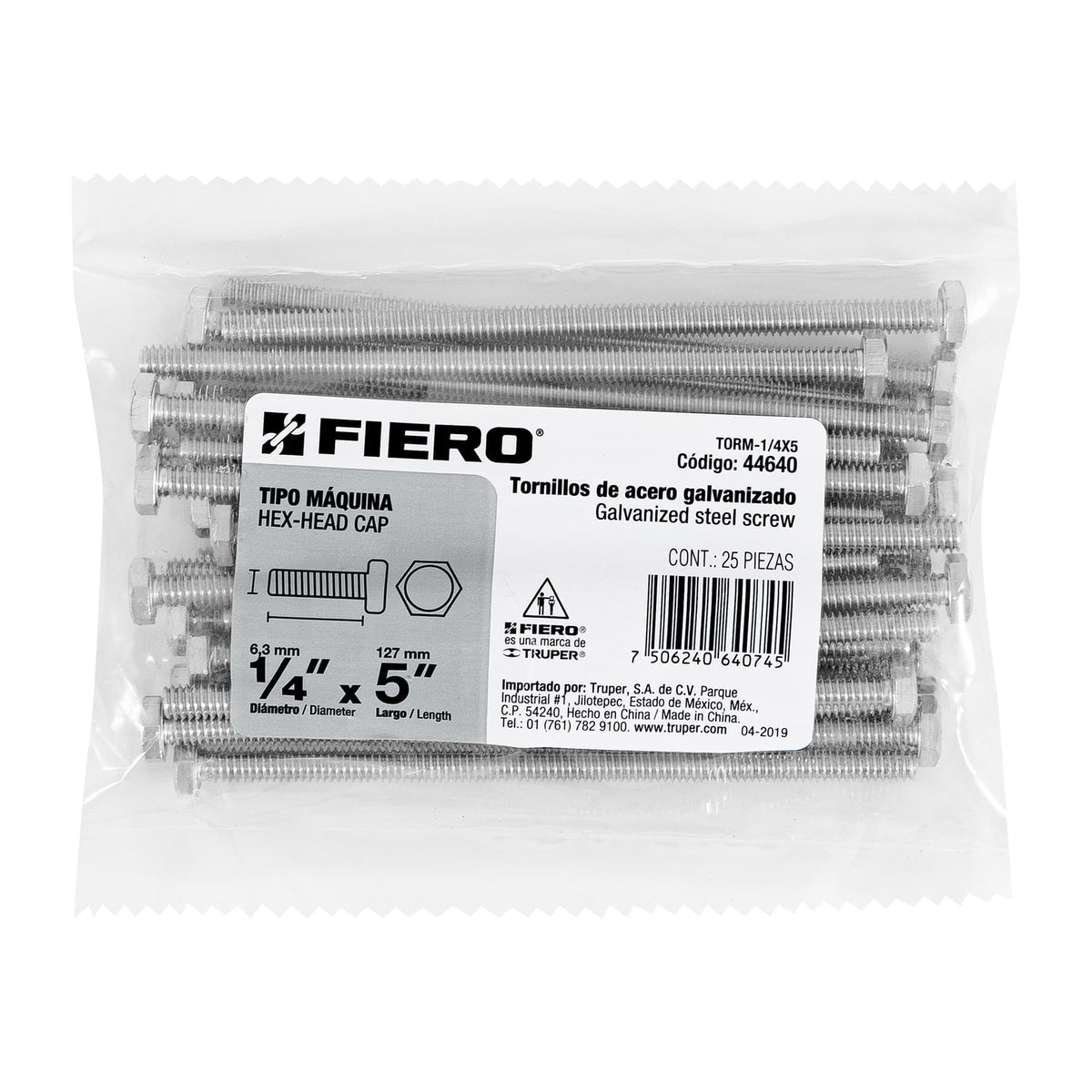 Bolsa con 25 Tornillos 1/4' X 5' Tipo Máquina, Fiero