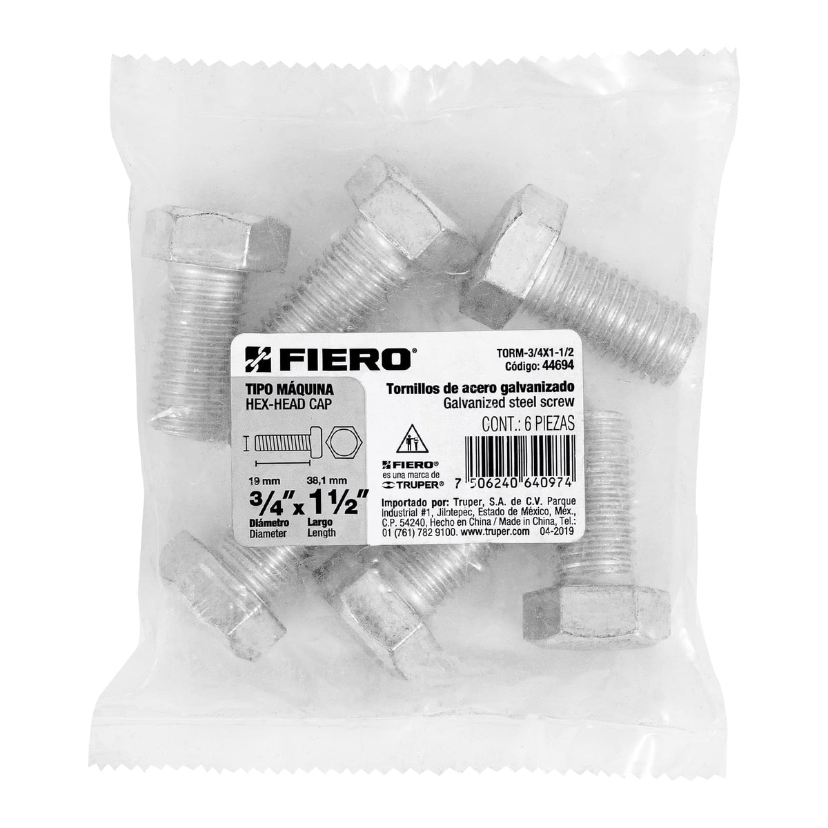 Bolsa con 6 Tornillos 3/4' X 1-1/2' Tipo Máquina, Fiero