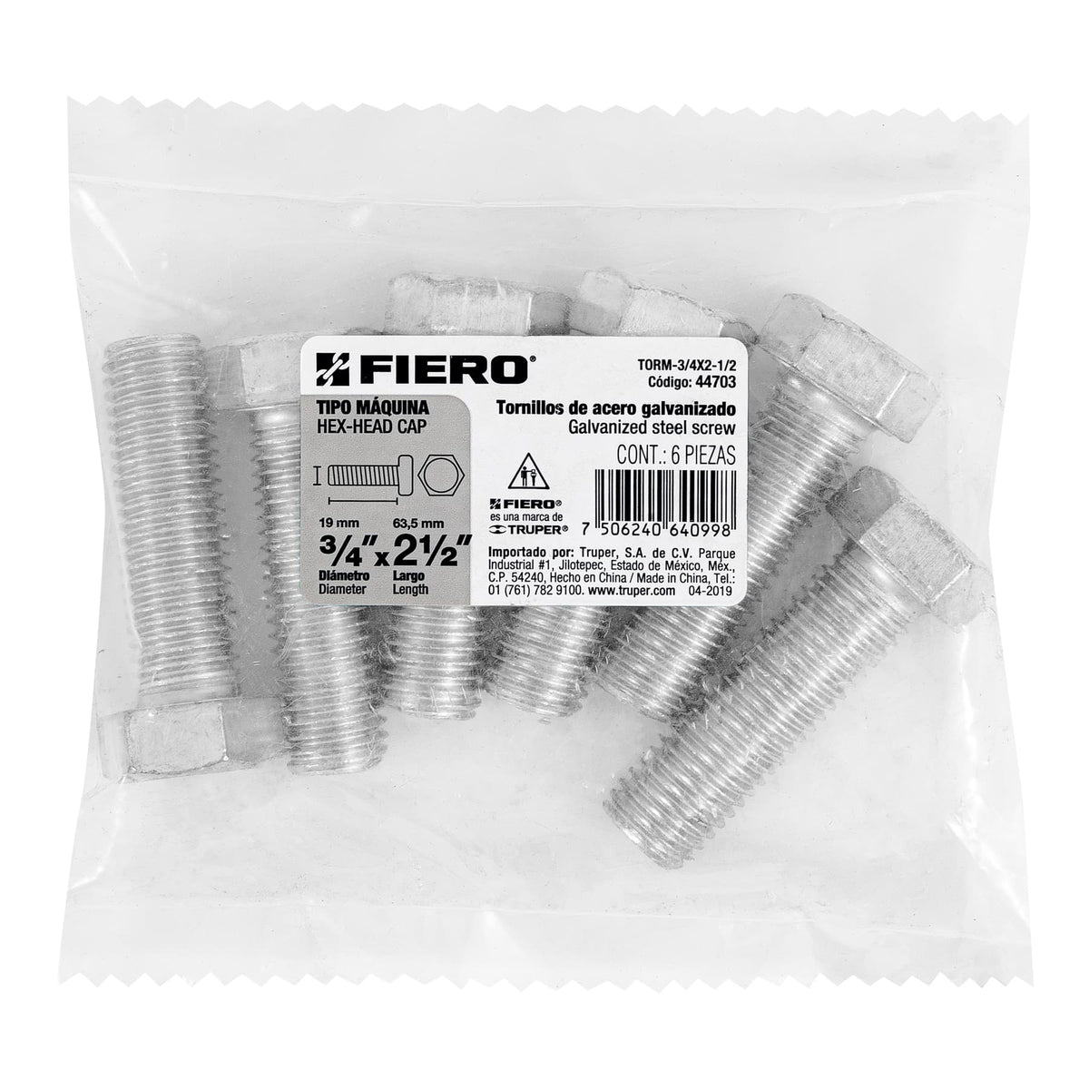 Bolsa con 6 Tornillos 3/4' X 2-1/2' Tipo Máquina, Fiero