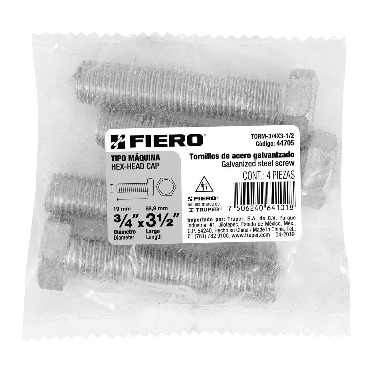 Bolsa con 4 Tornillos 3/4' X 3-1/2' Tipo Máquina, Fiero