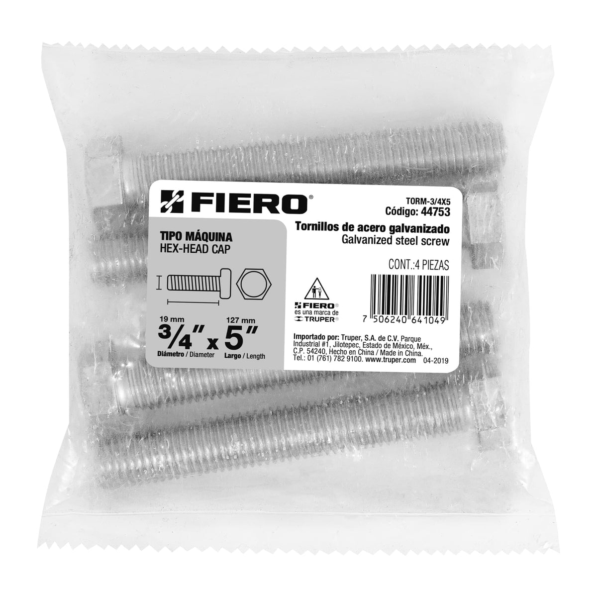 Bolsa con 4 Tornillos 3/4' X 5' Tipo Máquina, Fiero