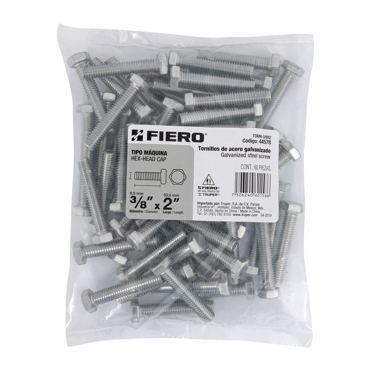 Bolsa con 60 Tornillos 3/8' X 2' Tipo Máquina, Fiero