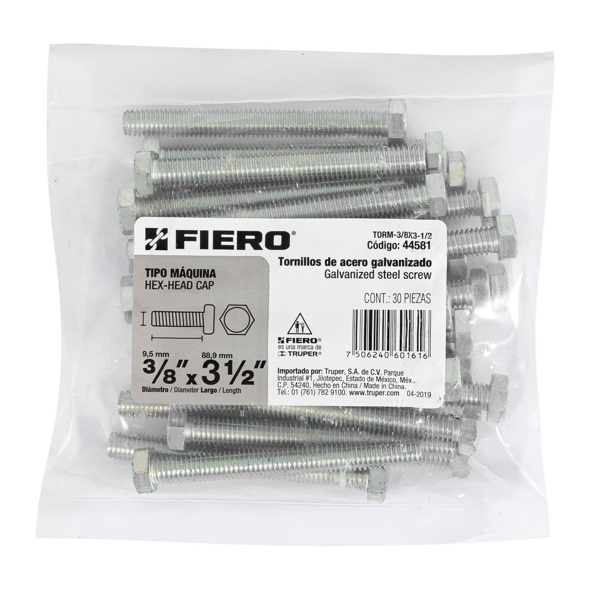 Bolsa con 30 Tornillos 3/8' X 3-1/2' Tipo Máquina, Fiero