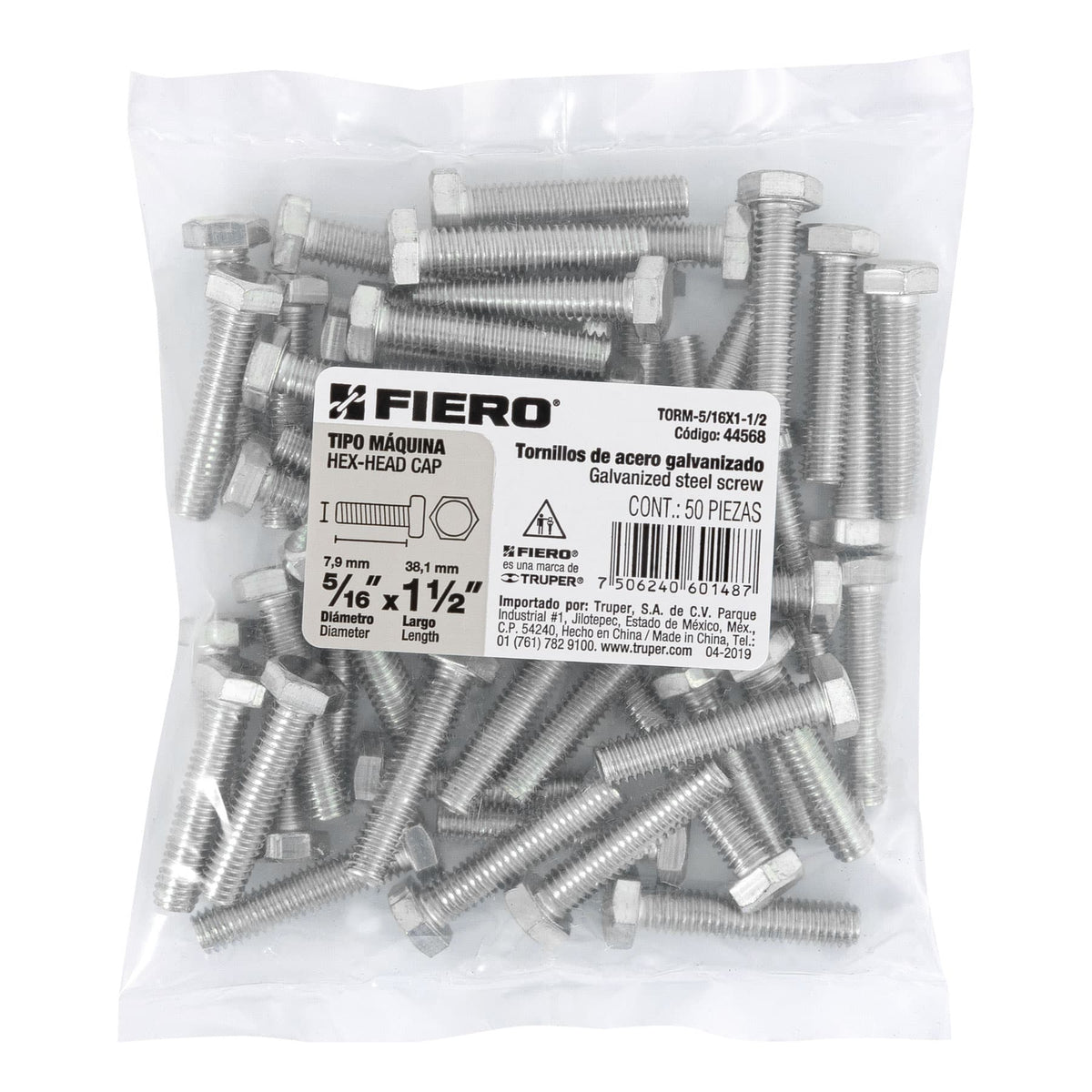 Bolsa con 50 Tornillos 5/16' X 1-1/2' Tipo Máquina, Fiero