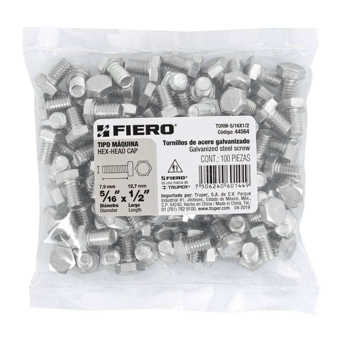 Bolsa con 100 Tornillos 5/16' X 1/2' Tipo Máquina, Fiero