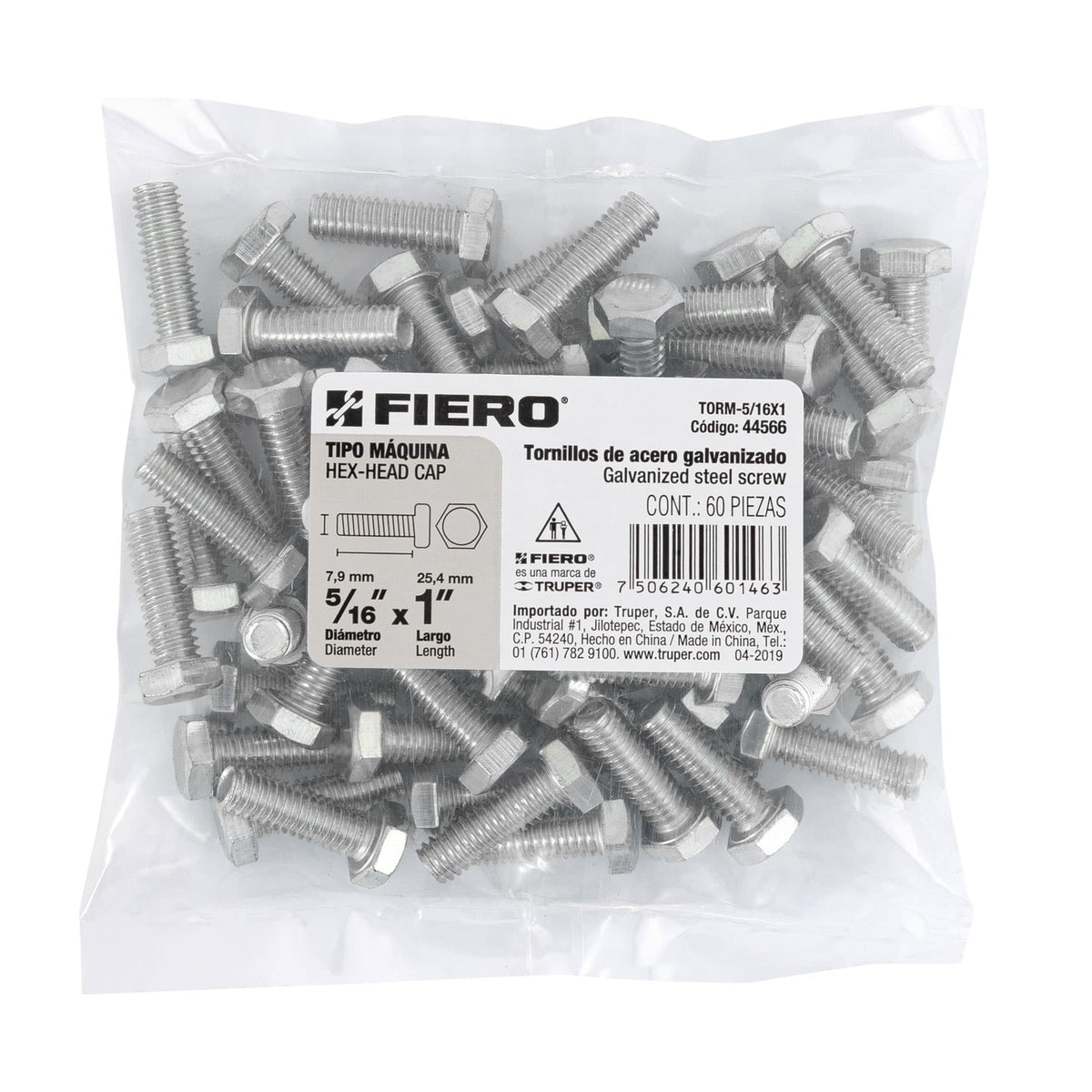 Bolsa con 60 Tornillos 5/16' X 1' Tipo Máquina, Fiero