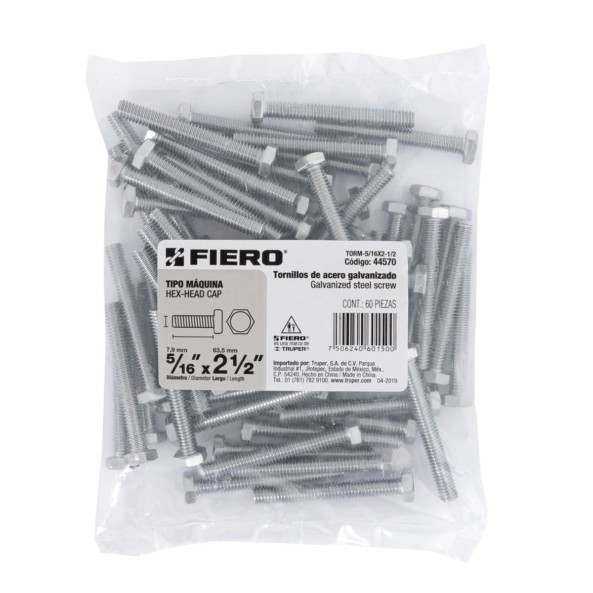 Bolsa con 60 Tornillos 5/16' X 2-1/2' Tipo Máquina, Fiero