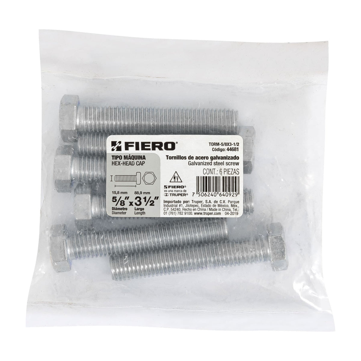 Bolsa con 6 Tornillos 5/8' X 3-1/2' Tipo Máquina, Fiero