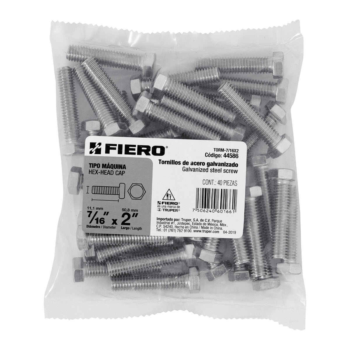 Bolsa con 40 Tornillos 7/16' X 2' Tipo Máquina, Fiero