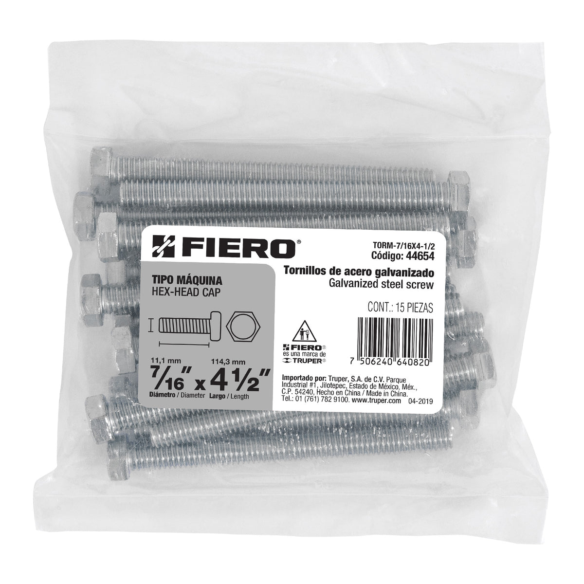 Bolsa con 15 Tornillos 7/16' X 4-1/2' Tipo Máquina, Fiero