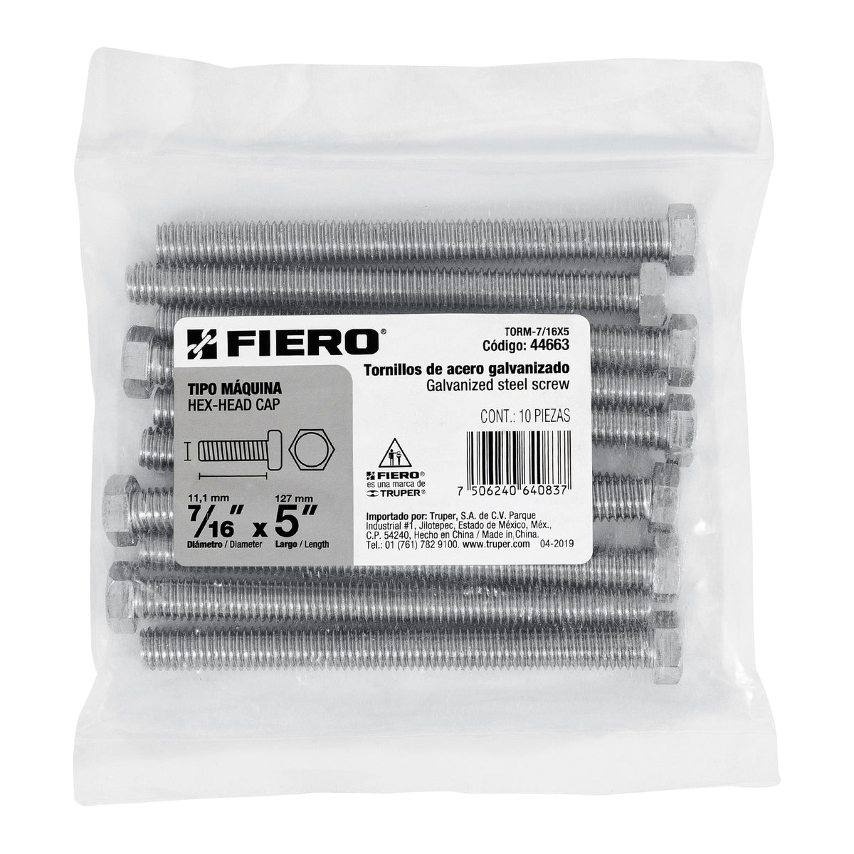 Bolsa con 10 Tornillos 7/16' X 5' Tipo Máquina, Fiero