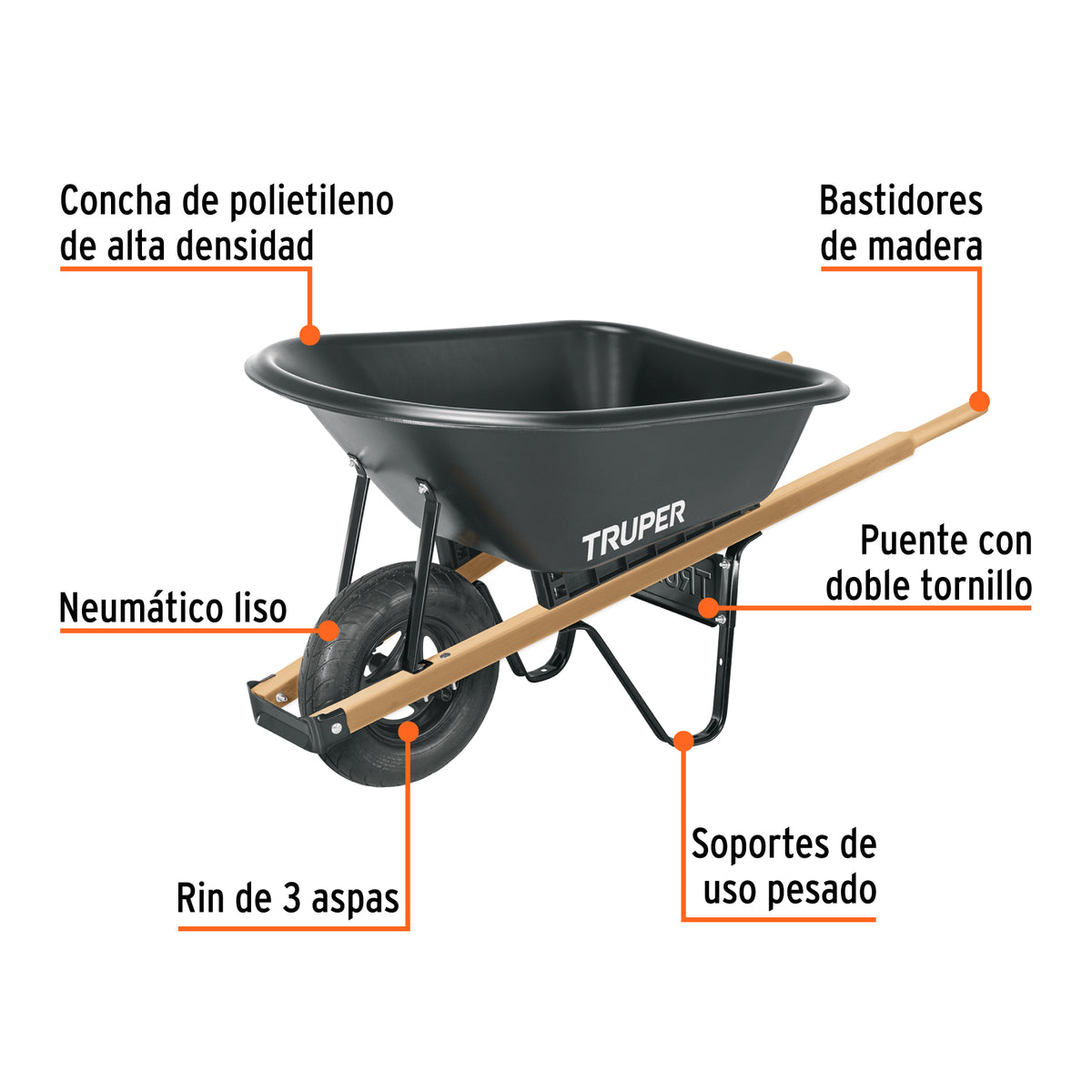 Carretilla Concha Plástica 6 FT3 Neumática B/Madera, Truper