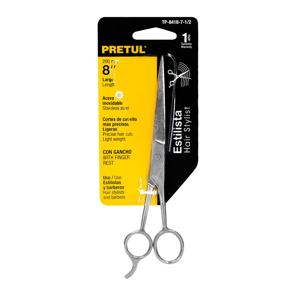 Tijera 7-1/2' Estilista, con Gancho, Acero Inoxidable, Pretul