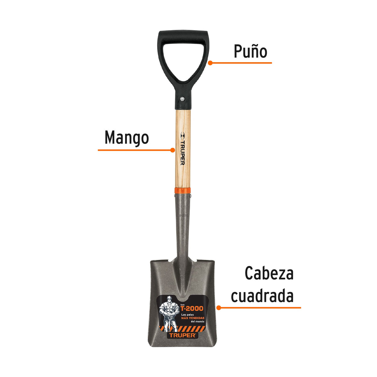 Pala Cajuelera Cuadrada, Puño 'D' Mango de Madera, Truper
