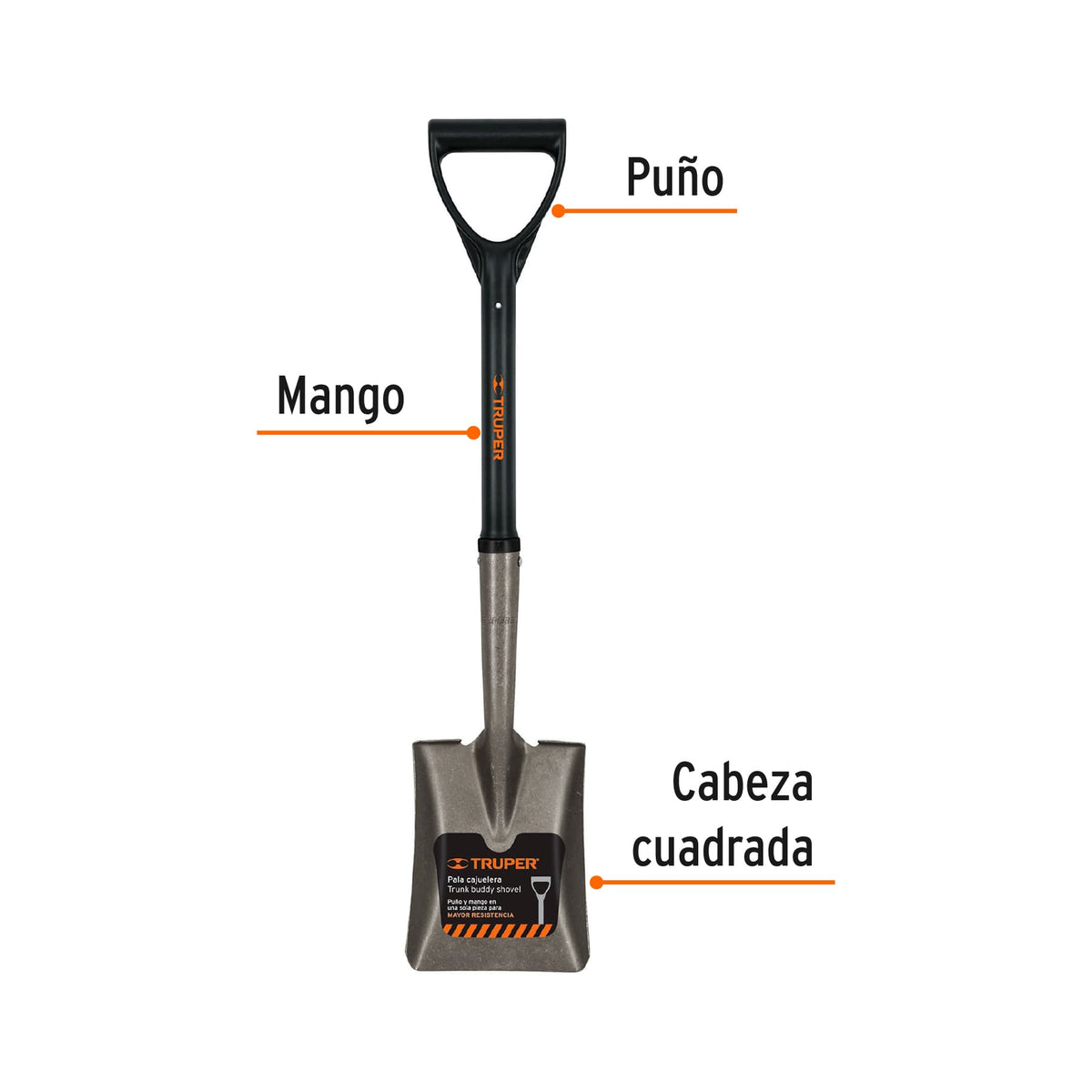 Pala Cajuelera Cuadrada, Puño 'D' con Mango Fibra de Vidrio