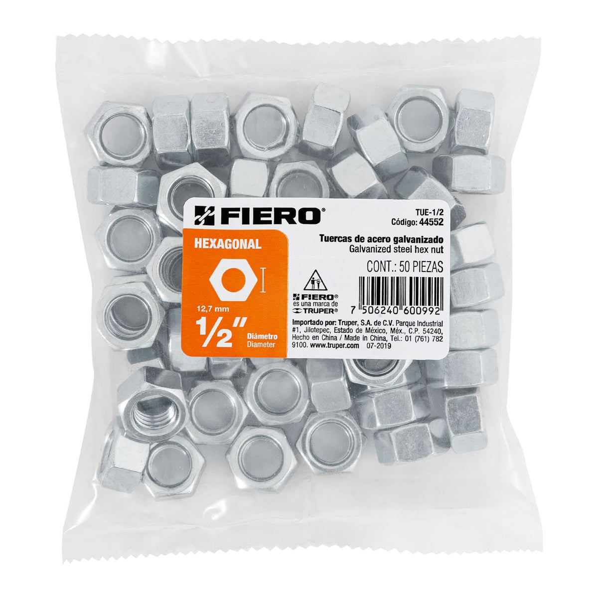 Bolsa con 50 Tuercas 1/2' Hexagonales de Acero Galvanizado