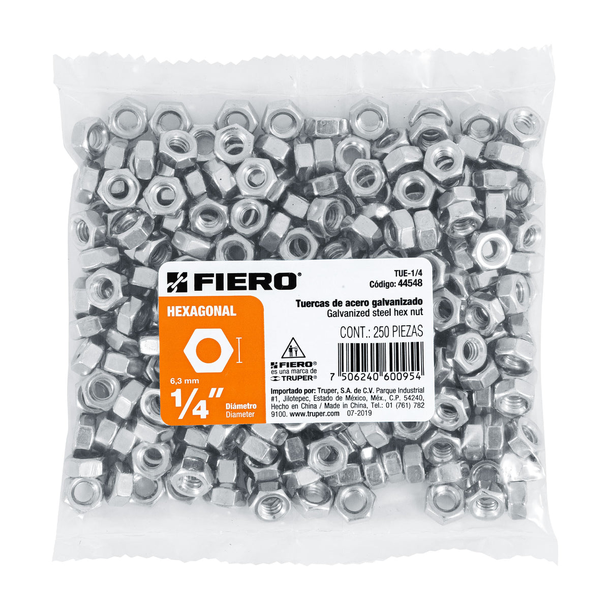 Bolsa con 250 Tuercas 1/4' Hexagonales de Acero Galvanizado
