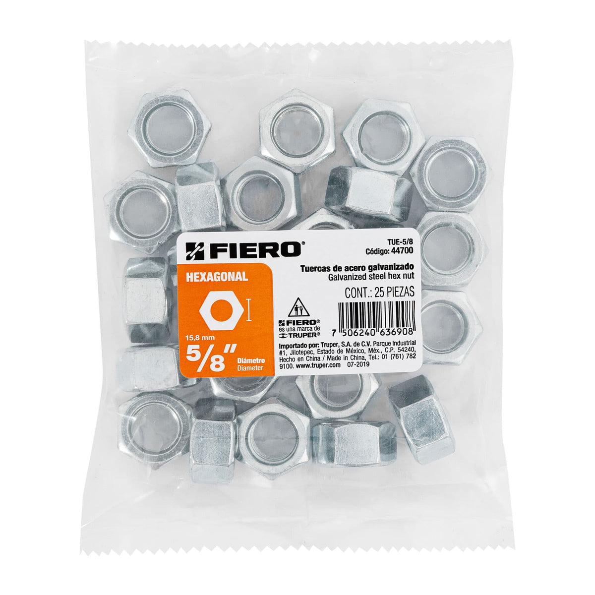 Bolsa con 25 Tuercas 5/8' Hexagonales de Acero Galvanizado