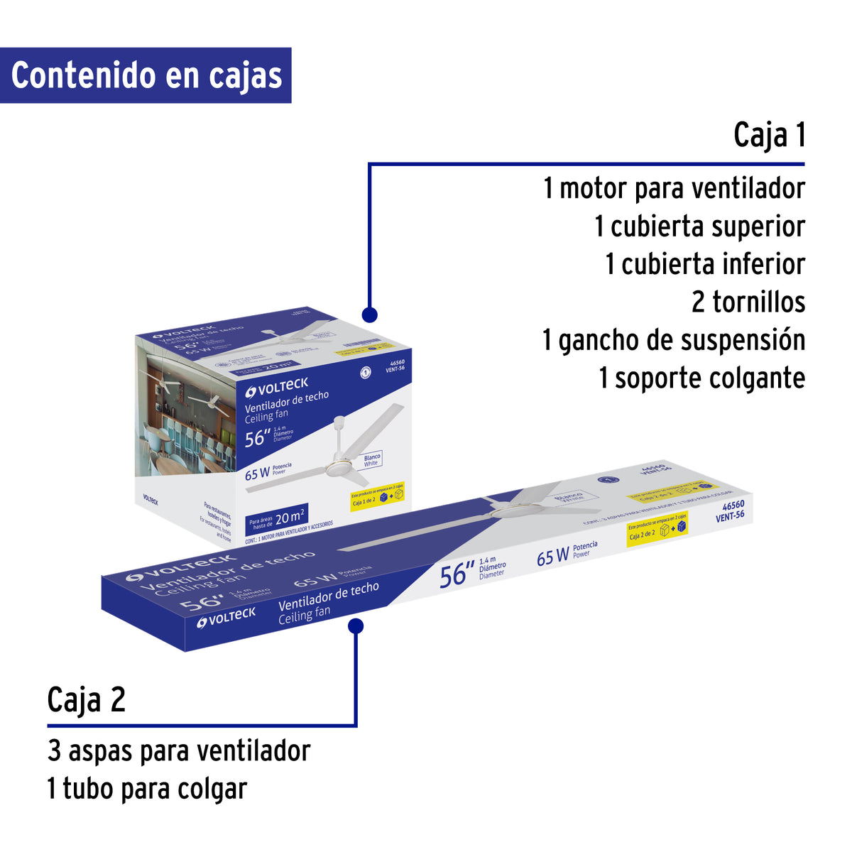 Ventilador de Techo para Interior, 56', Blanco, Volteck
