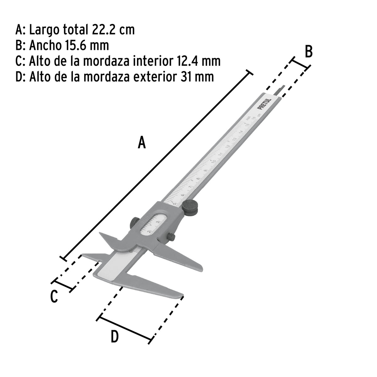 Calibrador Vernier Escolar 6', Acero, Std y mm, Pretul